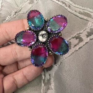 Sterling silver blue/purple glass flower ring